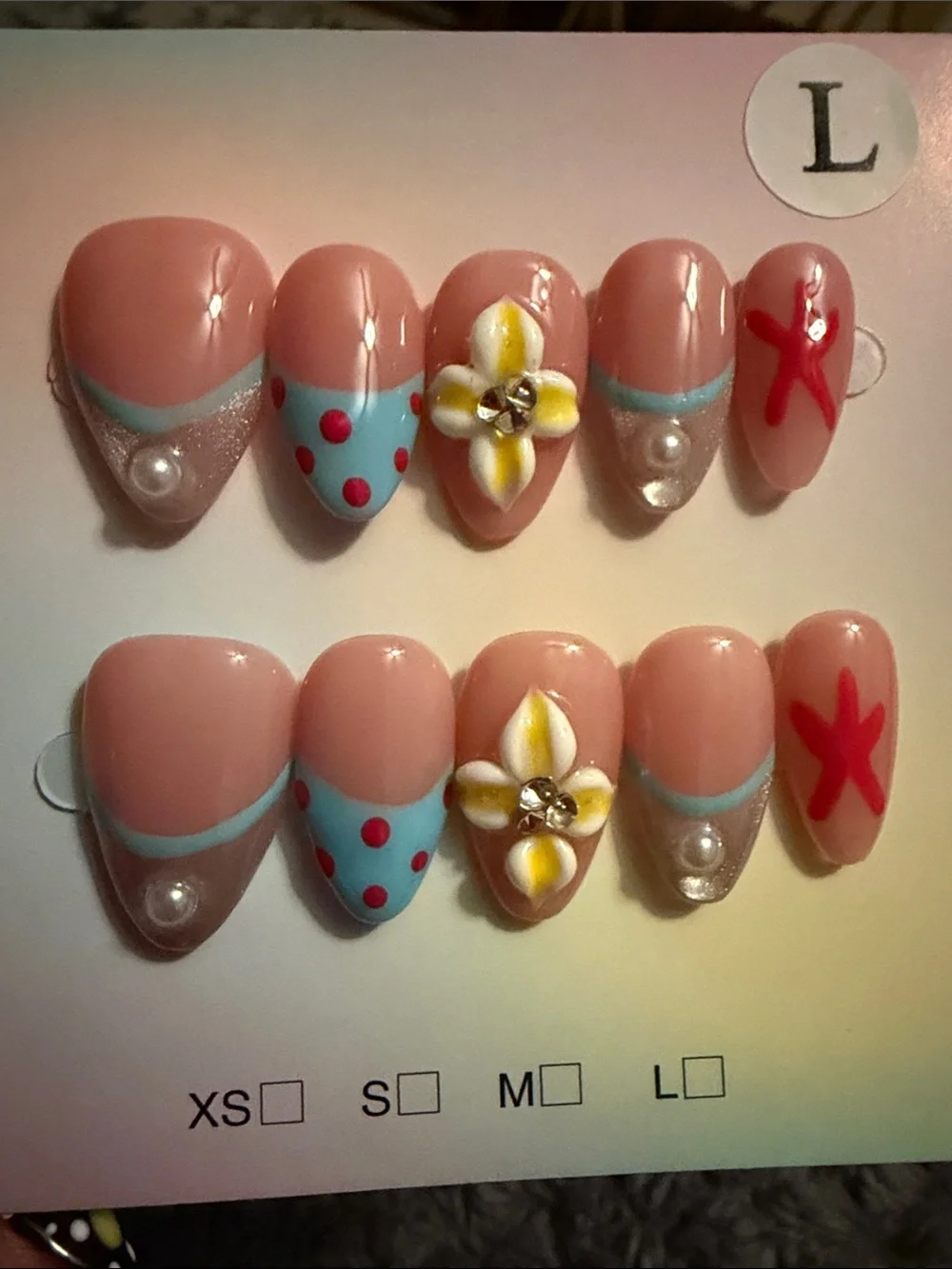 Hand-Painted Floral & Polka Dot Press-On Nail Set - Pink & Blue